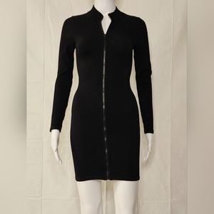 Bodycon Zip-Front Mini Ribbed Knit Black Dress.  Women size S